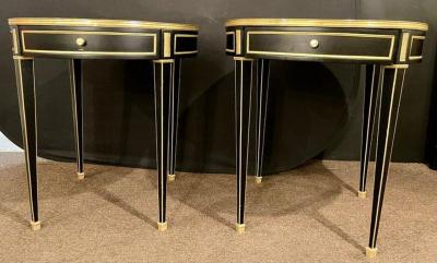 Hollywood Regency Ebony Bouillote or End Tables Manner Jansen Mirror Tops Pair