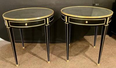 Hollywood Regency Ebony Bouillote or End Tables Manner Jansen Mirror Tops Pair