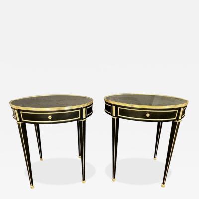 Hollywood Regency Ebony Bouillote or End Tables Manner Jansen Mirror Tops Pair