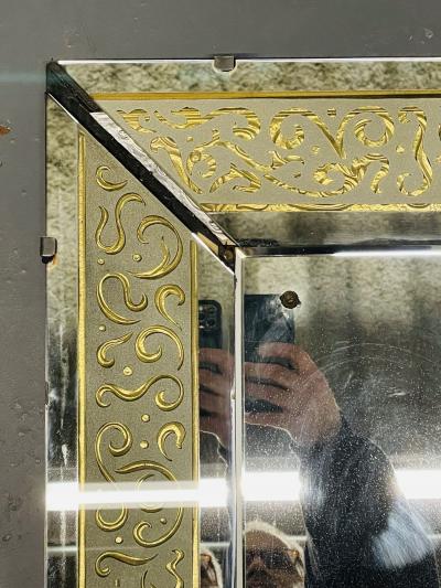 Hollywood Regency Etched Frosted Glass Framed Bevelled Wall or Console Mirror