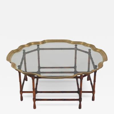 Hollywood Regency Faux Bamboo Brass and Glass Tray on Folding