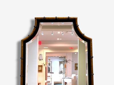 Hollywood Regency Faux Bamboo Gilt Metal Pagoda Form Wall Mirrors USA 1960s