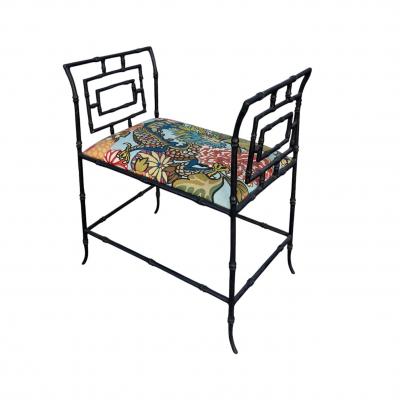 Hollywood Regency Faux Bamboo Metal Bench W Schumacher Chiang Mai Dragon