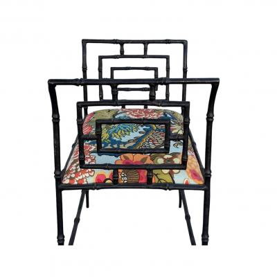 Hollywood Regency Faux Bamboo Metal Bench W Schumacher Chiang Mai Dragon