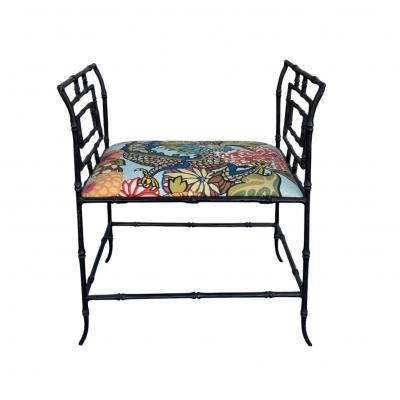 Hollywood Regency Faux Bamboo Metal Bench W Schumacher Chiang Mai Dragon