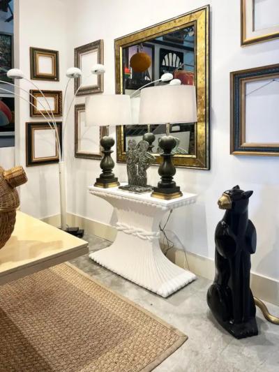 Hollywood Regency Gesso Carved Wood Console Table Wheat Sheaf Form