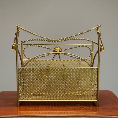 Hollywood Regency Gilt Bronze Magazine Rack Rope an Tassel Form
