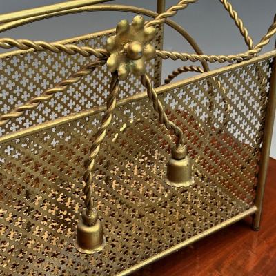 Hollywood Regency Gilt Bronze Magazine Rack Rope an Tassel Form