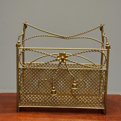 Hollywood Regency Gilt Bronze Magazine Rack Rope an Tassel Form