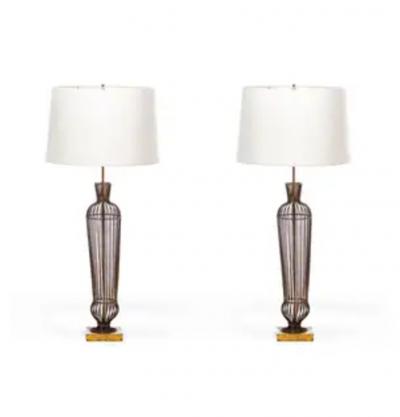 Hollywood Regency Gilt Iron Tall Lamps c 1960s