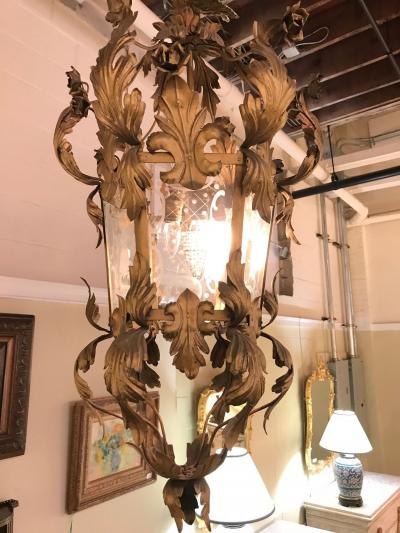 Hollywood Regency Gilt Metal Etched Glass Hanging Lantern