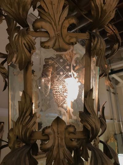 Hollywood Regency Gilt Metal Etched Glass Hanging Lantern