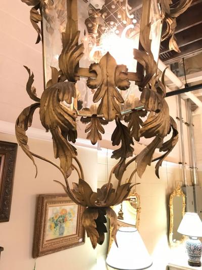Hollywood Regency Gilt Metal Etched Glass Hanging Lantern