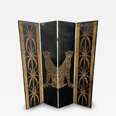 Hollywood Regency Gilt Palm and Cheetahs Folding Screen