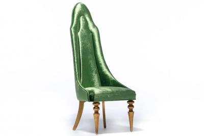 Hollywood Regency High Back Lipstick Chair in Green Velvet and Gold Leaf