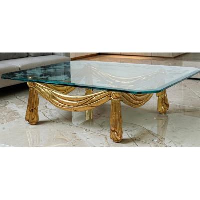 Hollywood Regency Italian Carved Giltwood and Glass Coffee Table