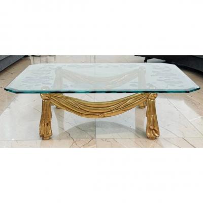 Hollywood Regency Italian Carved Giltwood and Glass Coffee Table