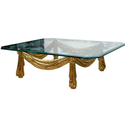 Hollywood Regency Italian Carved Giltwood and Glass Coffee Table