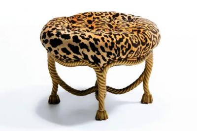 Hollywood Regency Italian Gilt Rope Tassel Ottoman Stool in Leopard Velvet