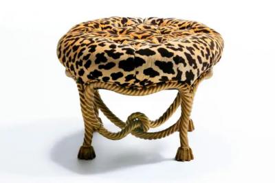 Hollywood Regency Italian Gilt Rope Tassel Ottoman Stool in Leopard Velvet