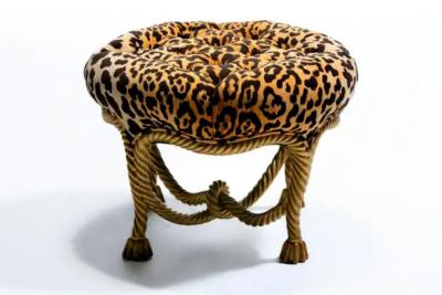 Hollywood Regency Italian Gilt Rope Tassel Ottoman Stool in Leopard Velvet