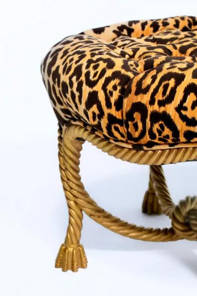 Hollywood Regency Italian Gilt Rope Tassel Ottoman Stool in Leopard Velvet