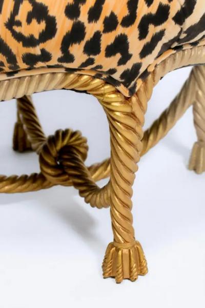 Hollywood Regency Italian Gilt Rope Tassel Ottoman Stool in Leopard Velvet