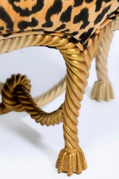 Hollywood Regency Italian Gilt Rope Tassel Ottoman Stool in Leopard Velvet