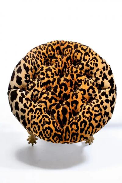 Hollywood Regency Italian Gilt Rope Tassel Ottoman Stool in Leopard Velvet