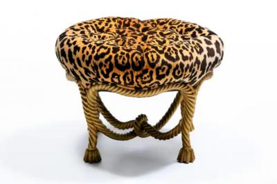 Hollywood Regency Italian Gilt Rope Tassel Ottoman Stool in Leopard Velvet