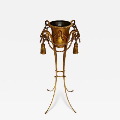 Hollywood Regency Italian Gold Gilded Rope and Tassel Tall Planter Flower Pot