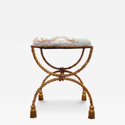 Hollywood Regency Italian Gold Gilded Twisted Rope and Tassel Bench or Ottoman