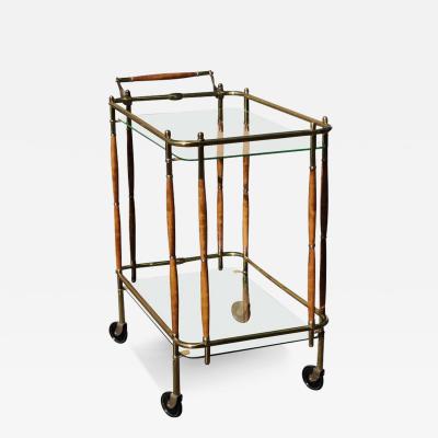Hollywood Regency Italian Style Brass Walnut Glass Tiered Bar Cart 1960s