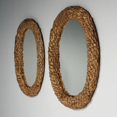 Hollywood Regency Large Oval Wall Mirrors Carved Giltwood Leaf Motif 21st C 