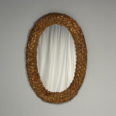 Hollywood Regency Large Oval Wall Mirrors Carved Giltwood Leaf Motif 21st C 