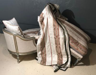 Hollywood Regency Louis XVI Chaise Lounges French Painted and Parcel Gilt Silver