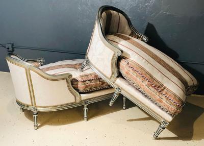 Hollywood Regency Louis XVI Chaise Lounges French Painted and Parcel Gilt Silver