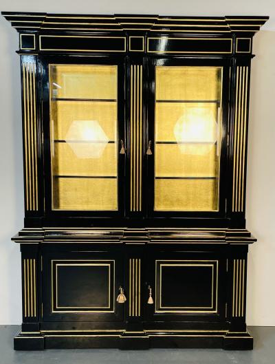 Hollywood Regency Maison Jansen Style Bookcase Cabinet Ebony Gold Leaf