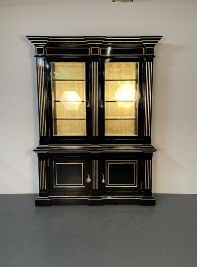 Hollywood Regency Maison Jansen Style Bookcase Cabinet Ebony Gold Leaf