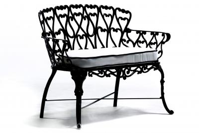 Hollywood Regency Neo Baroque Patio Love Seat Bench in Black Lacquer c 1960