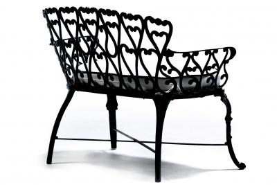 Hollywood Regency Neo Baroque Patio Love Seat Bench in Black Lacquer c 1960