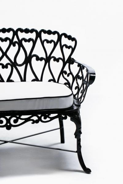 Hollywood Regency Neo Baroque Patio Love Seat Bench in Black Lacquer c 1960