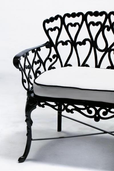 Hollywood Regency Neo Baroque Patio Love Seat Bench in Black Lacquer c 1960
