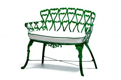 Hollywood Regency Neo Baroque Patio Love Seat Bench in Green Lacquer c 1960