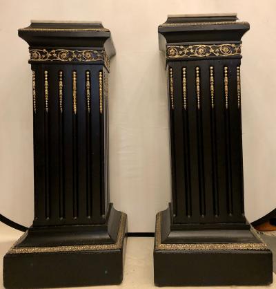 Hollywood Regency Neoclassical Ebony Pedestals Bronze Mounted Marble Tops Pair