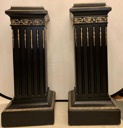 Hollywood Regency Neoclassical Ebony Pedestals Bronze Mounted Marble Tops Pair