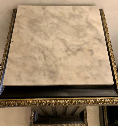 Hollywood Regency Neoclassical Ebony Pedestals Bronze Mounted Marble Tops Pair