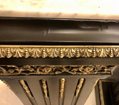 Hollywood Regency Neoclassical Ebony Pedestals Bronze Mounted Marble Tops Pair