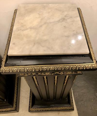 Hollywood Regency Neoclassical Ebony Pedestals Bronze Mounted Marble Tops Pair