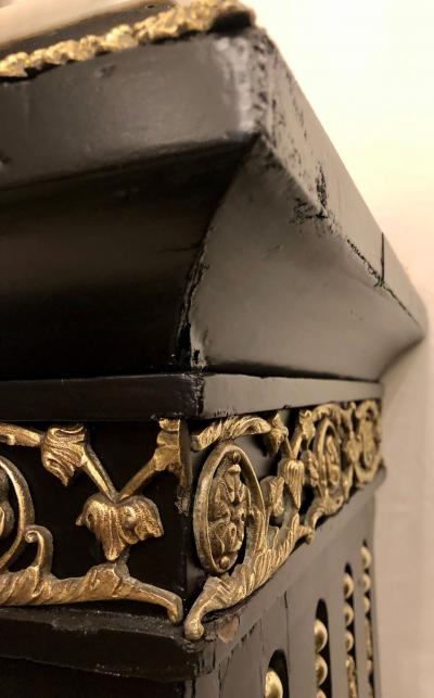 Hollywood Regency Neoclassical Ebony Pedestals Bronze Mounted Marble Tops Pair